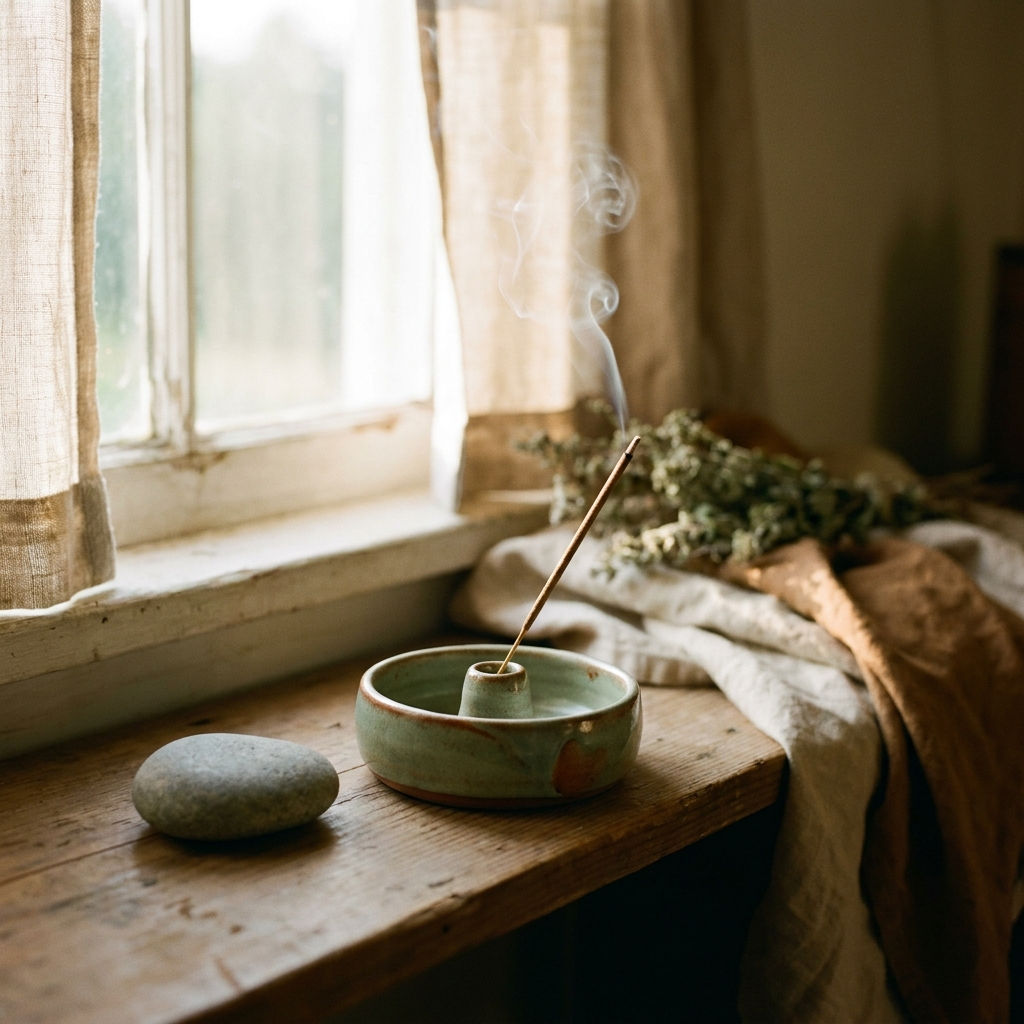 Handmade ceramic incense holder with a thread of smoke on a wooden shelf — Blackbird Hollow