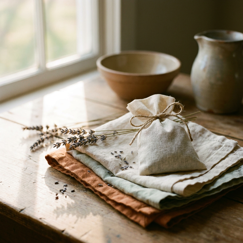 Cotton lavender sachet tied with twine on a stack of linens — Blackbird Hollow