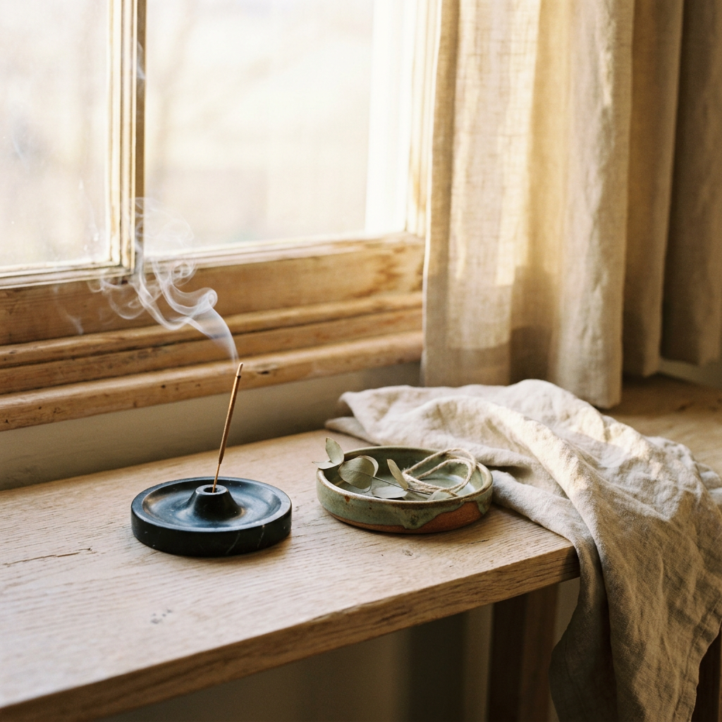 Black marble incense holder with a curl of smoke on a pale oak shelf — Blackbird Hollow