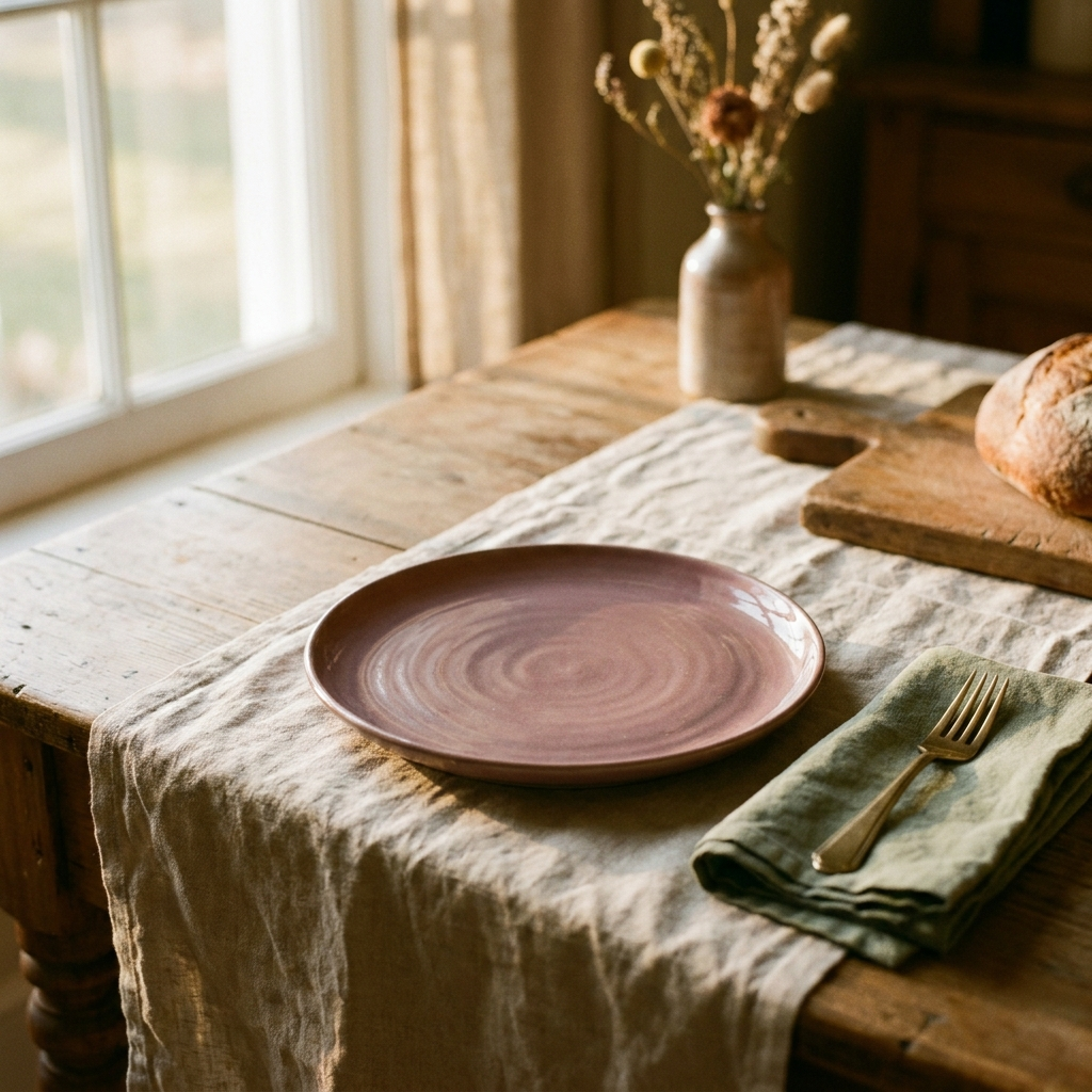 Mauve-rose stoneware dinner plate on a linen runner with a brass fork — Blackbird Hollow