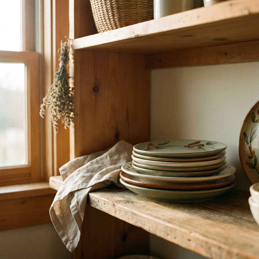 Hand-painted stoneware dinner plates in assorted glazes on a pine shelf — Blackbird Hollow
