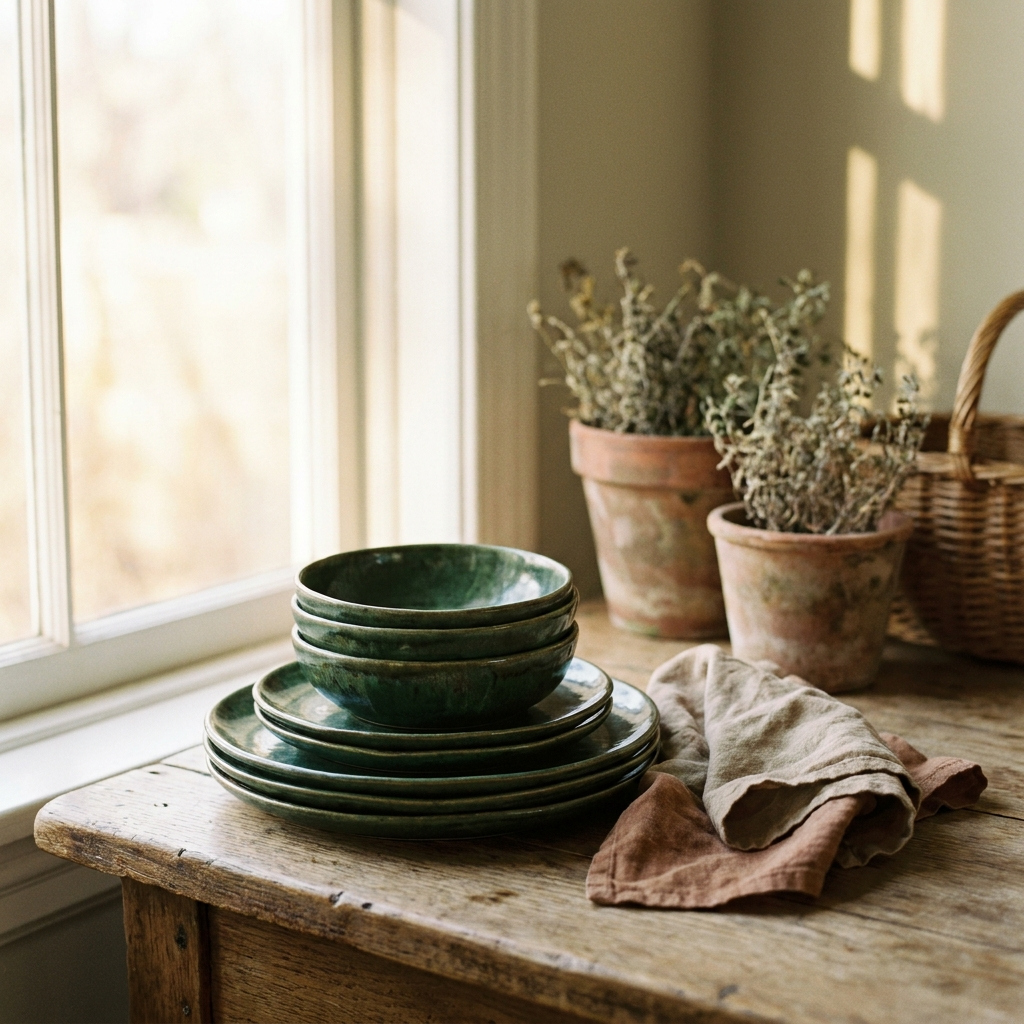 Gemstone-green stoneware plates and bowls on a weathered oak table — Blackbird Hollow