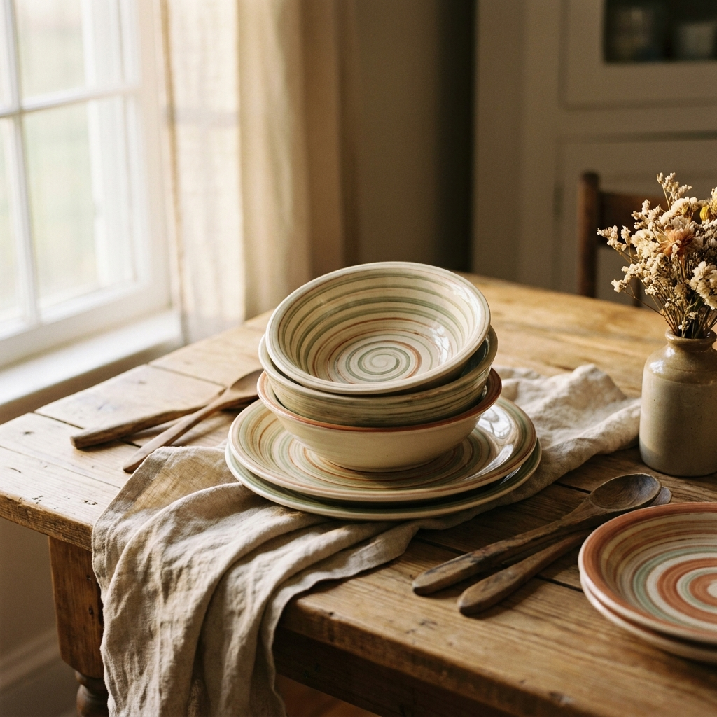 Hand-painted spiral stoneware plates and bowls on a plank table — Blackbird Hollow
