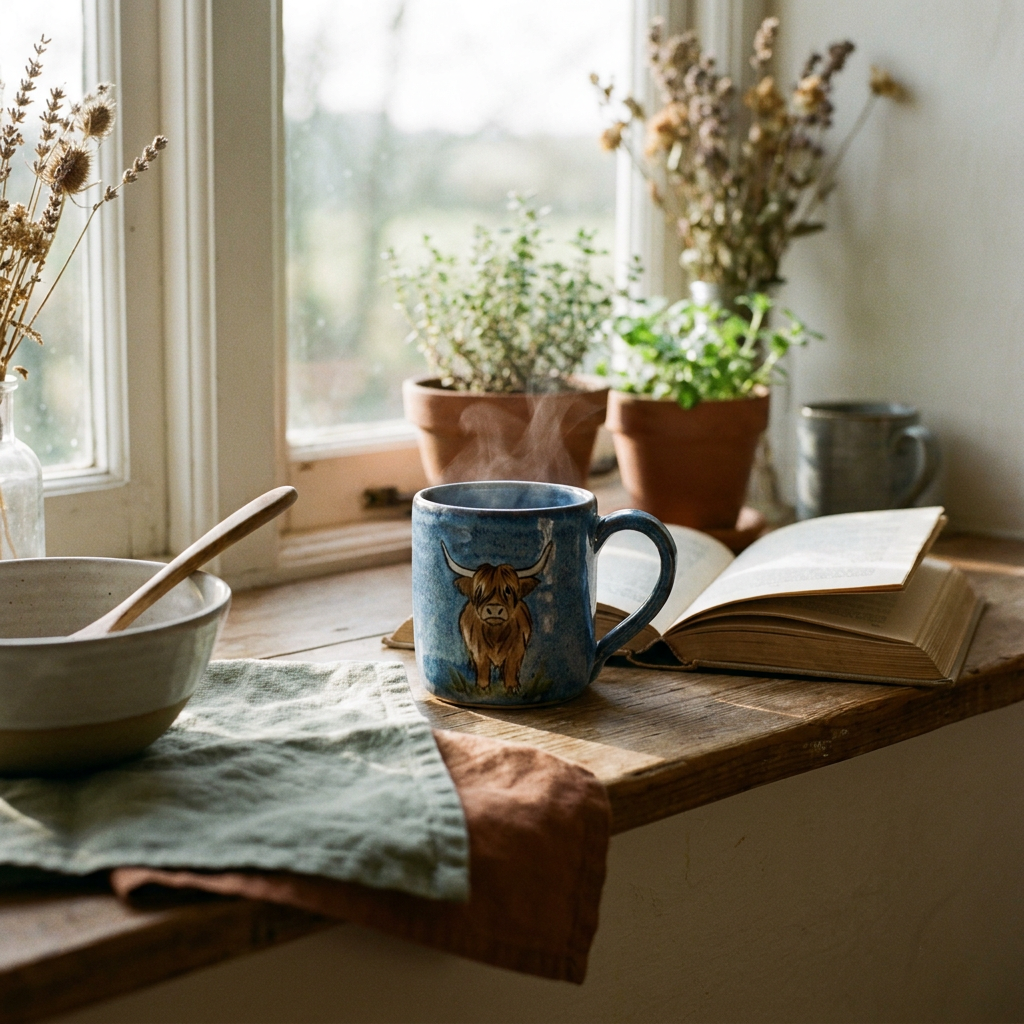 Blue stoneware highland-cow mug with coffee on a windowsill — Blackbird Hollow