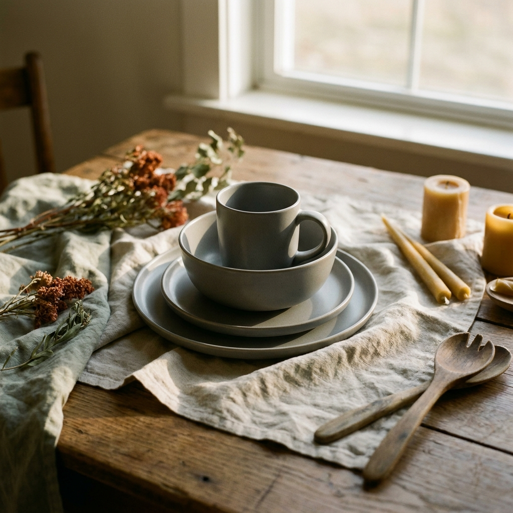 Gray stoneware place setting stacked on a linen cloth — Blackbird Hollow