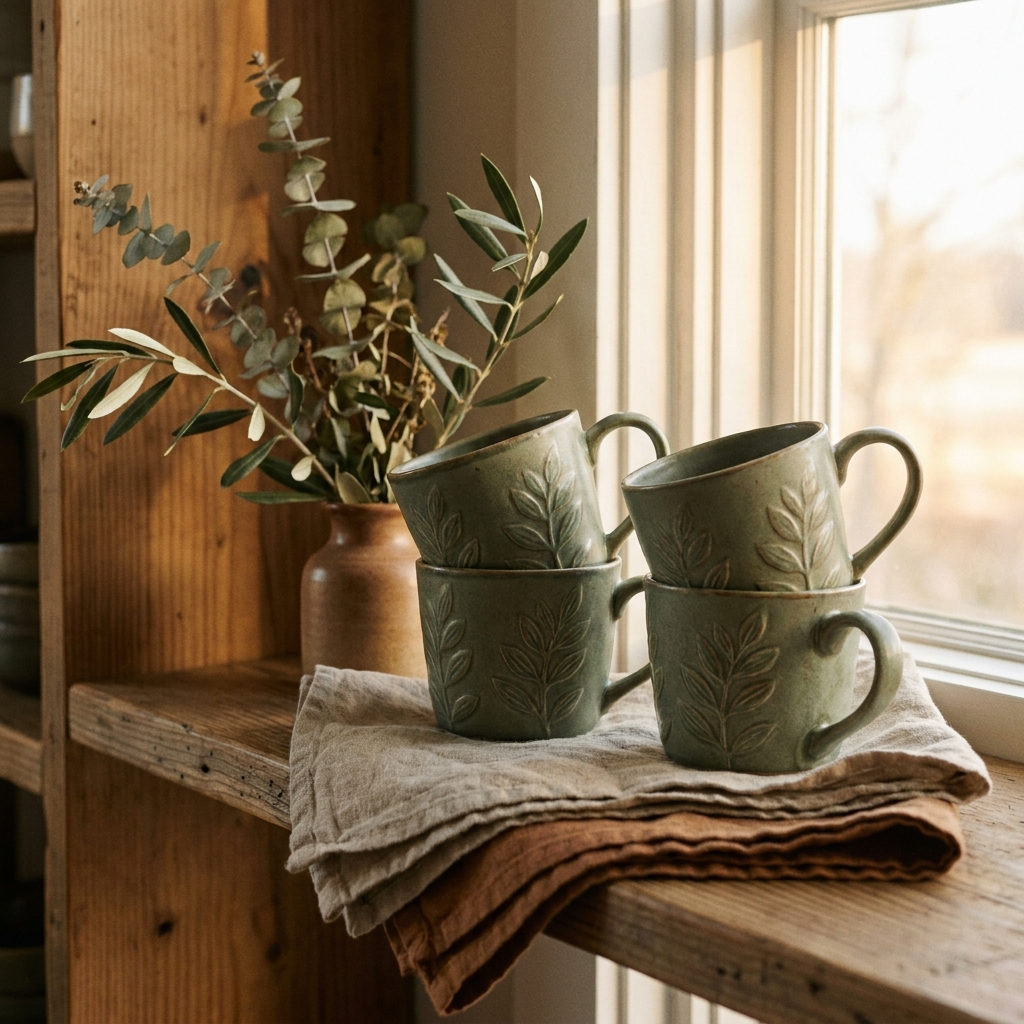 Four botanical-green stoneware mugs on a pine shelf — Blackbird Hollow