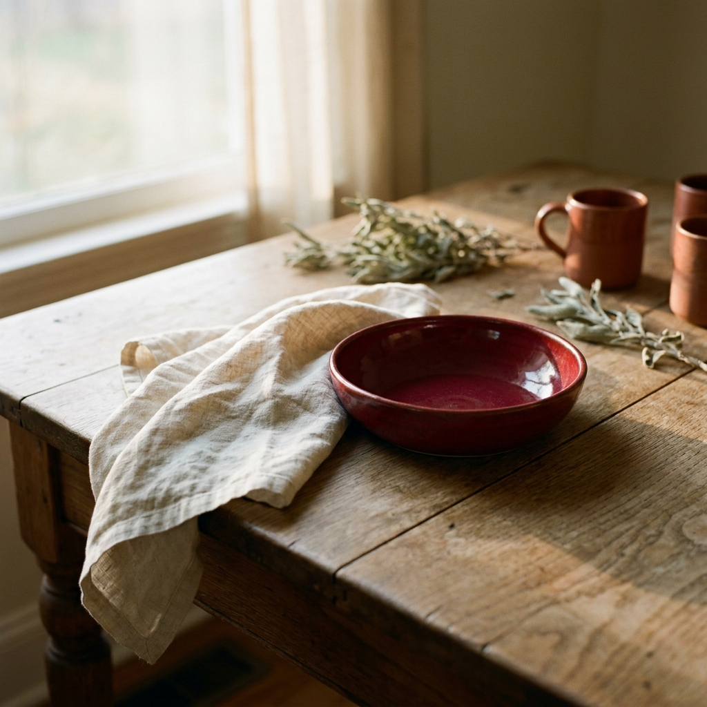 Deep cherry-red shallow stoneware serving bowl on a weathered oak table — Blackbird Hollow