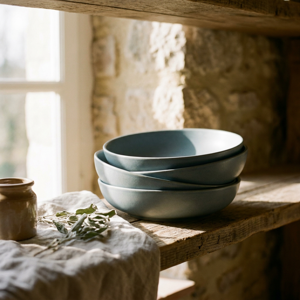 Four matte marina-grey stoneware pasta bowls stacked on a plank shelf — Blackbird Hollow