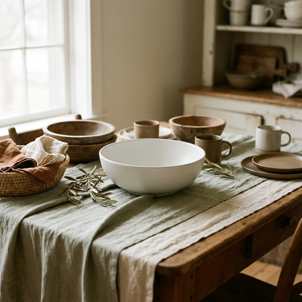 Large white stoneware coupe serving bowl on a linen runner — Blackbird Hollow