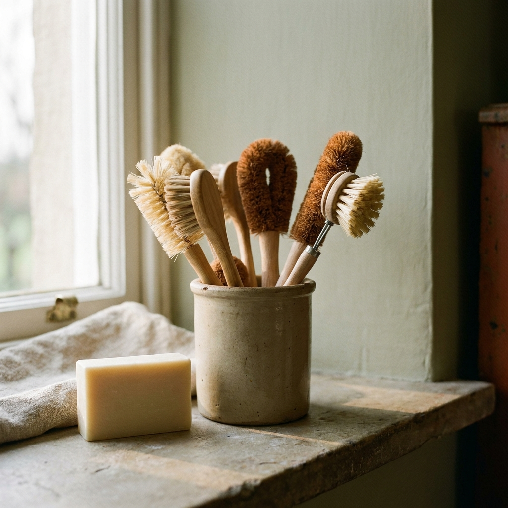 Bamboo and coconut-fiber kitchen brushes in a stoneware crock on a stone counter — Blackbird Hollow