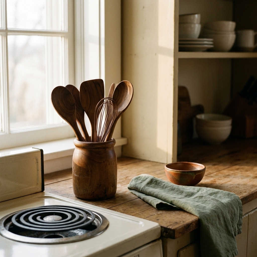 Teak cooking utensils in a wooden crock beside a stove — Blackbird Hollow