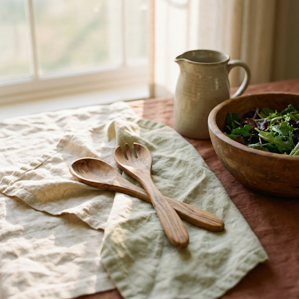 Carved wooden salad servers on a linen cloth beside a wooden bowl — Blackbird Hollow