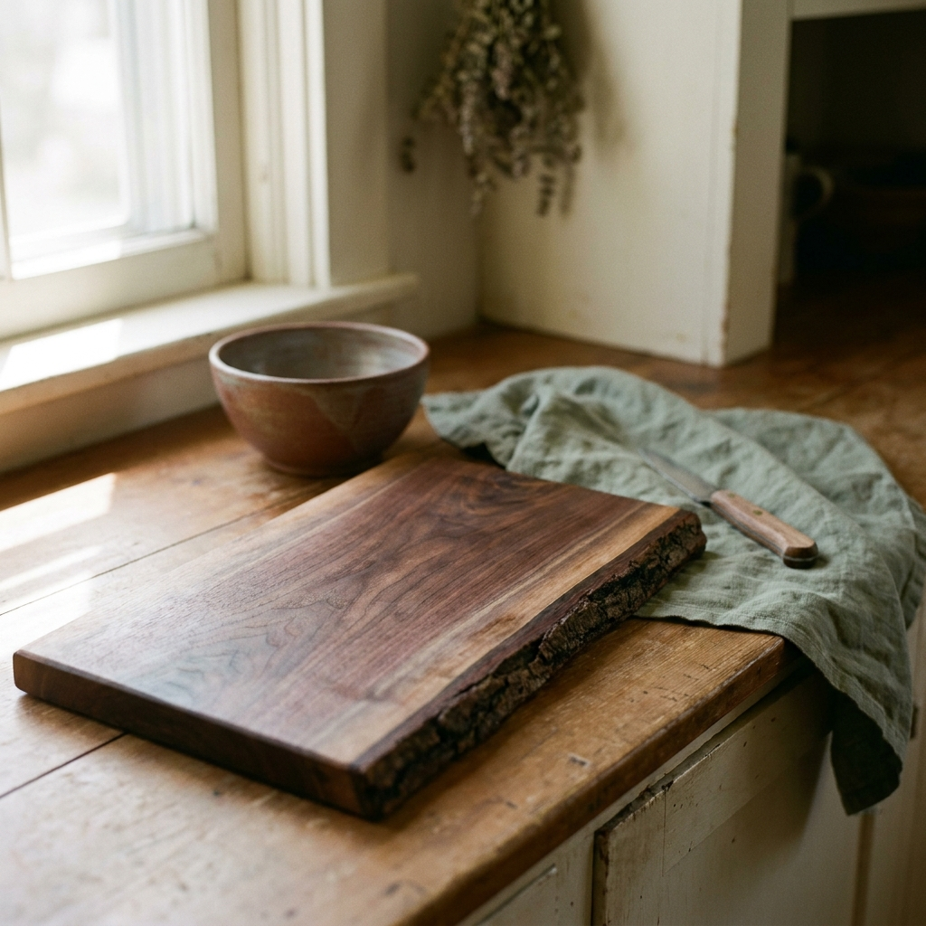 Live-edge black walnut serving board with a small knife on a farmhouse counter — Blackbird Hollow