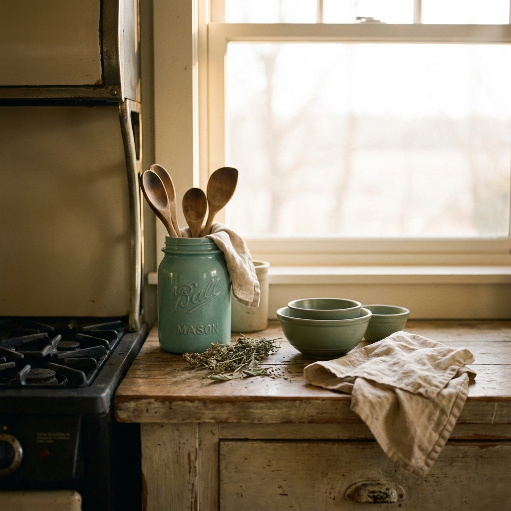 Antique-aqua mason-jar ceramic utensil crock with wooden spoons beside a stove — Blackbird Hollow