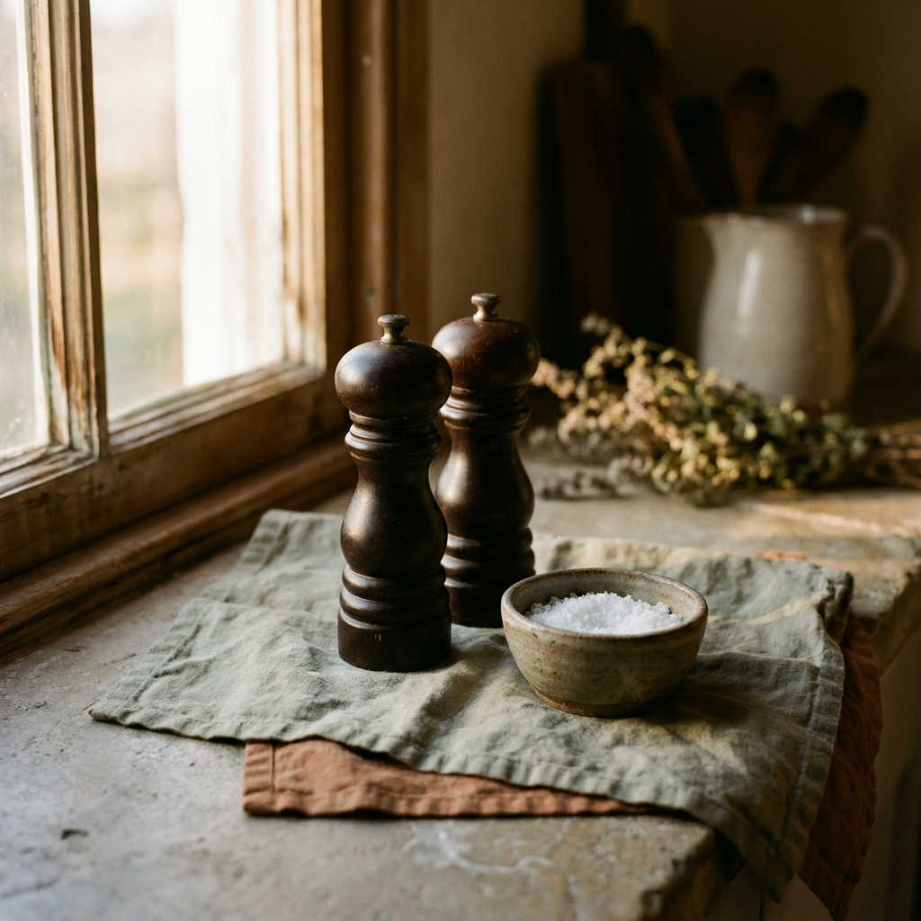 Pair of dark chocolate-wood salt and pepper mills on a stone counter — Blackbird Hollow