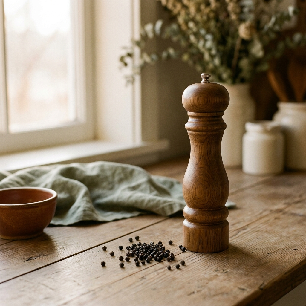 Tall oak pepper grinder in a walnut finish beside scattered peppercorns — Blackbird Hollow