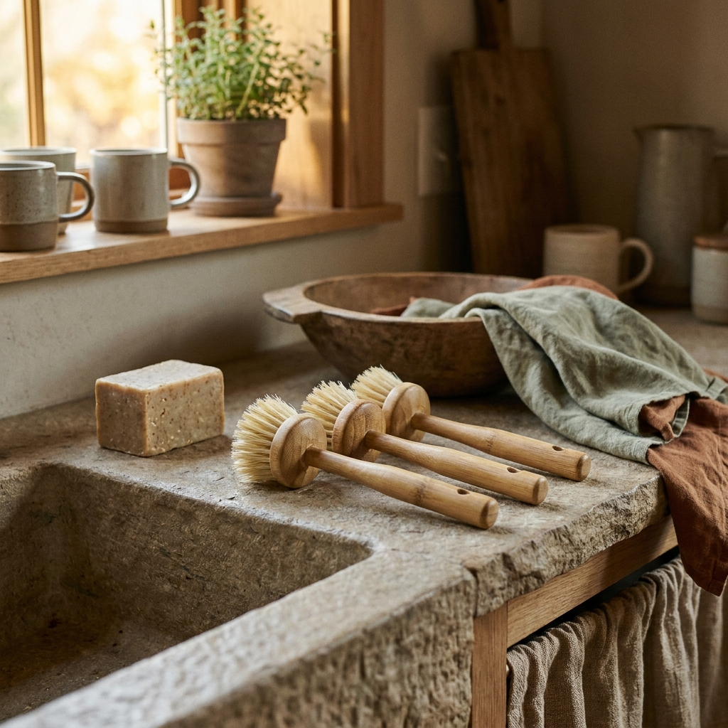 Three natural bamboo dish brushes on a stone sink ledge beside soap — Blackbird Hollow