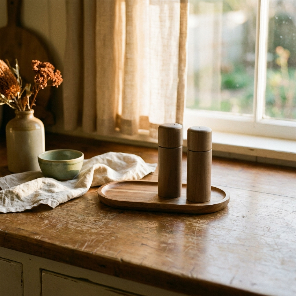 Acacia-wood tray holding two turned-wood mills on a warm counter — Blackbird Hollow