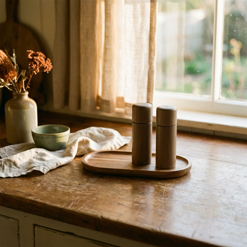 Acacia-wood tray holding two turned-wood mills on a warm counter — Blackbird Hollow