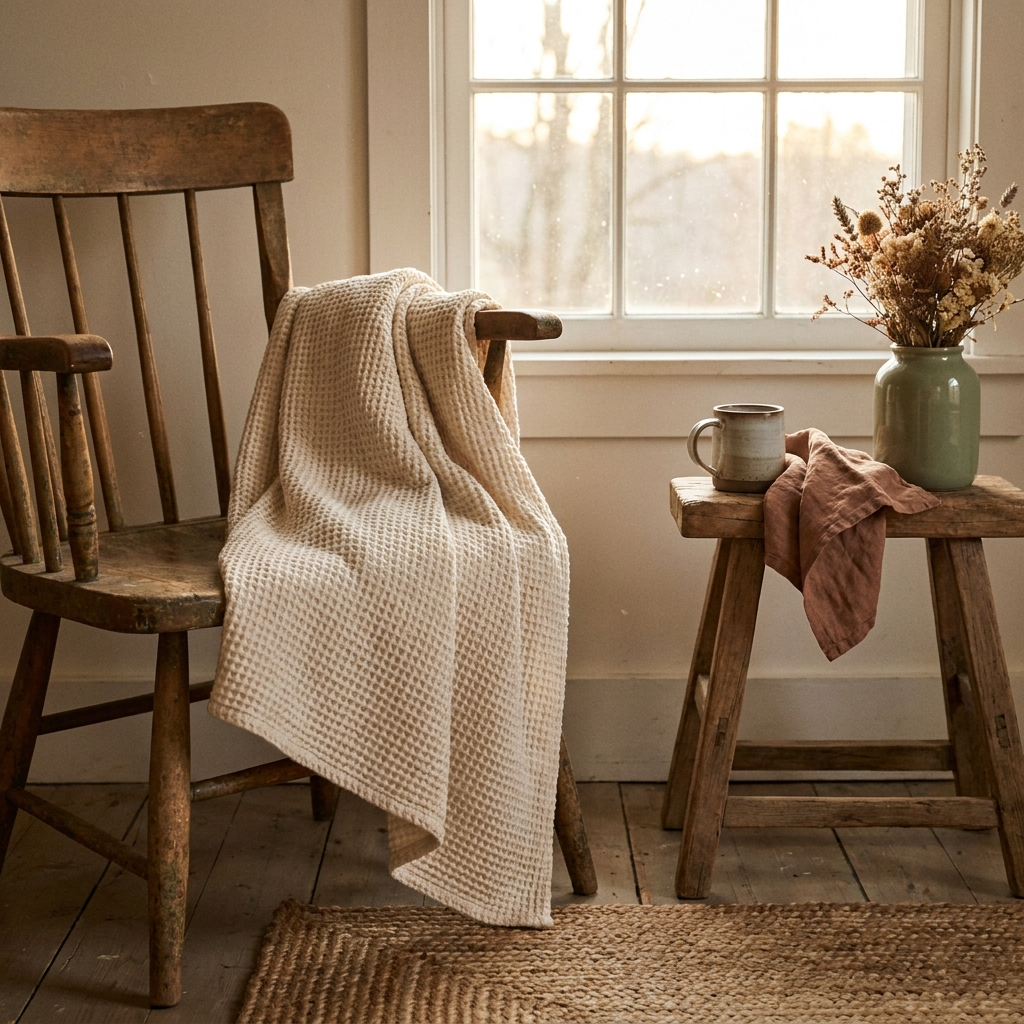 Coconut-white waffle-weave throw draped over a wooden chair by a window — Blackbird Hollow