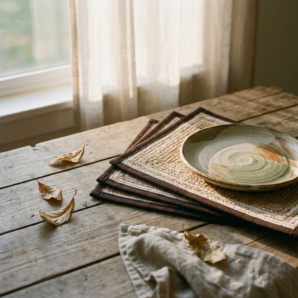 Round braided jute-and-cotton placemats on a plank table beside a stoneware plate — Blackbird Hollow