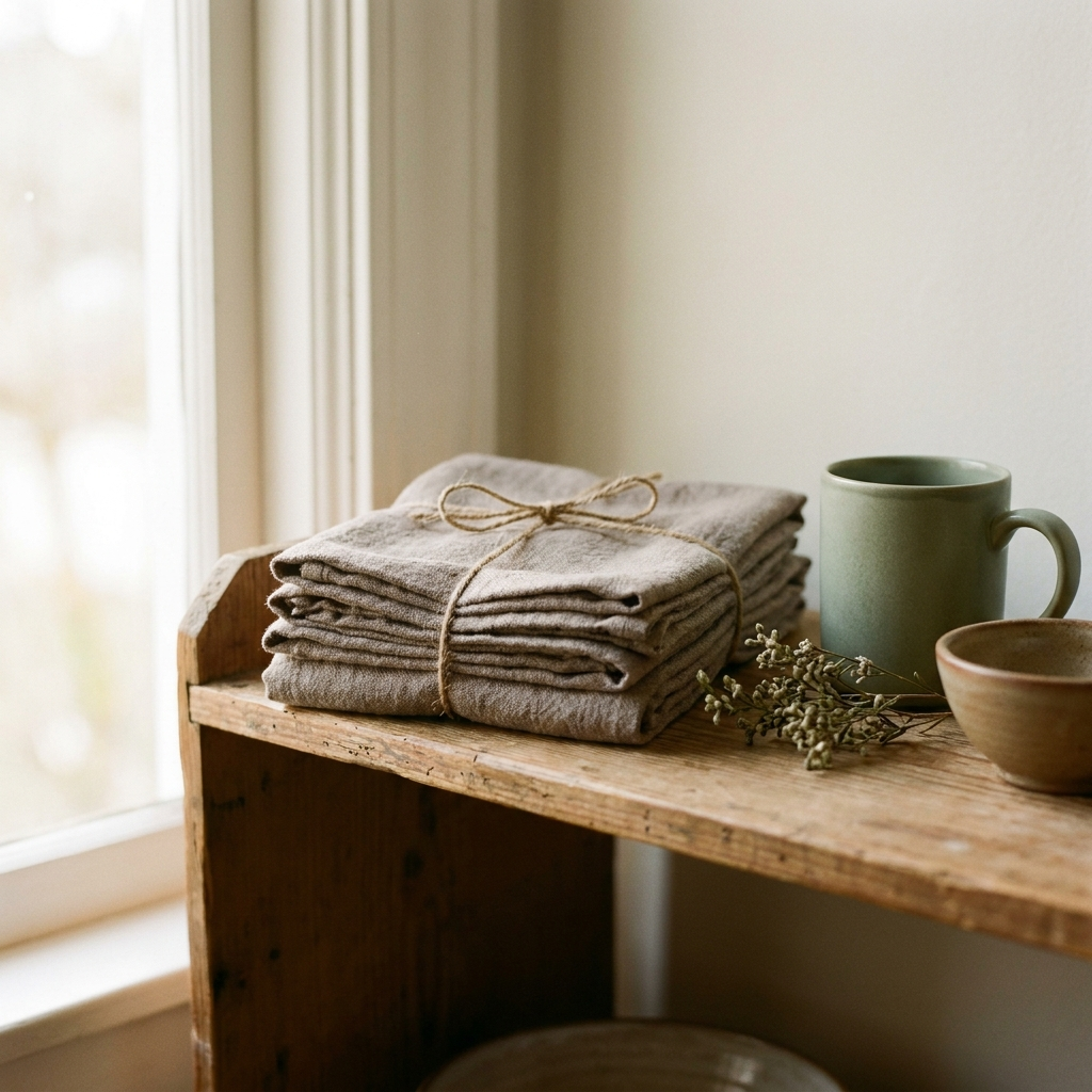 Folded taupe flour-sack tea towels tied with twine on a pine shelf — Blackbird Hollow