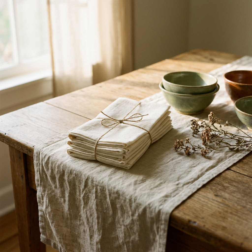 Folded cream cotton dinner napkins tied with twine on a linen runner — Blackbird Hollow