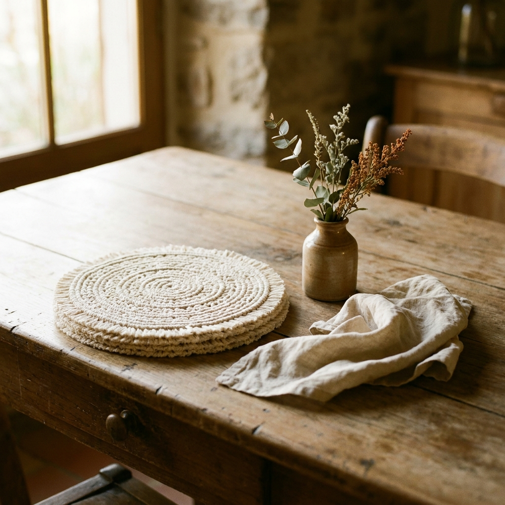 Round woven-cotton macramé placemats in natural cream on a farmhouse table — Blackbird Hollow