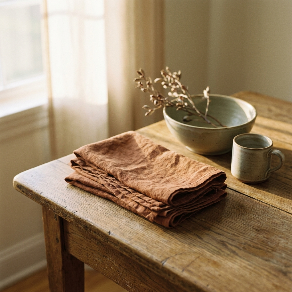 Four rust faux-linen napkins folded on a weathered oak table — Blackbird Hollow