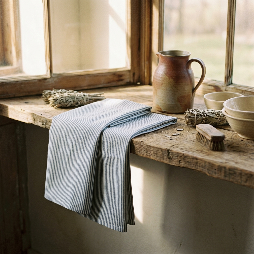 Blue-striped French-linen tea towels over a plank shelf beside a stoneware jug — Blackbird Hollow