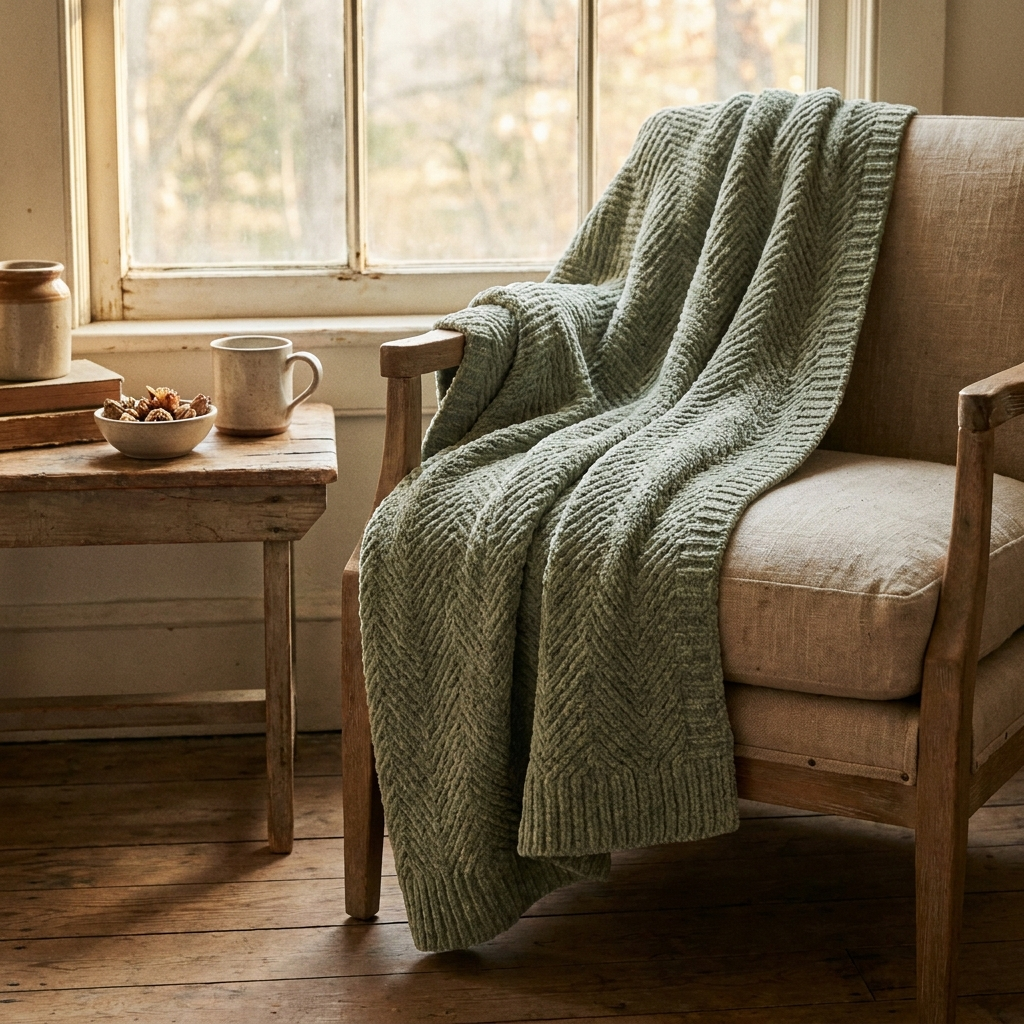 Sage-green chunky knit throw draped over a linen armchair by a window — Blackbird Hollow