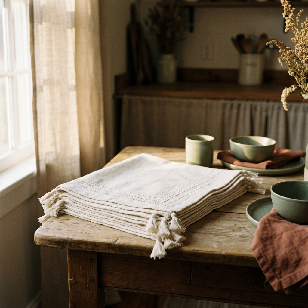 White embroidered cotton placemats with tassels on a farmhouse table — Blackbird Hollow