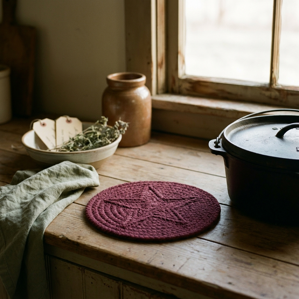 Burgundy braided cotton star trivet on a plank counter beside a cast-iron pot — Blackbird Hollow