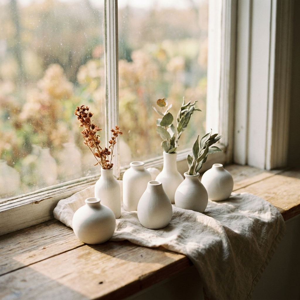 Cluster of matte-white ceramic bud vases with single dried stems on a windowsill — Blackbird Hollow