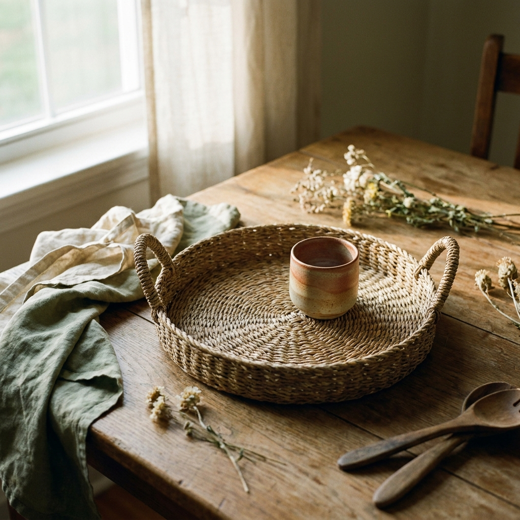 Scalloped handwoven seagrass tray with a stoneware cup on a weathered oak table — Blackbird Hollow