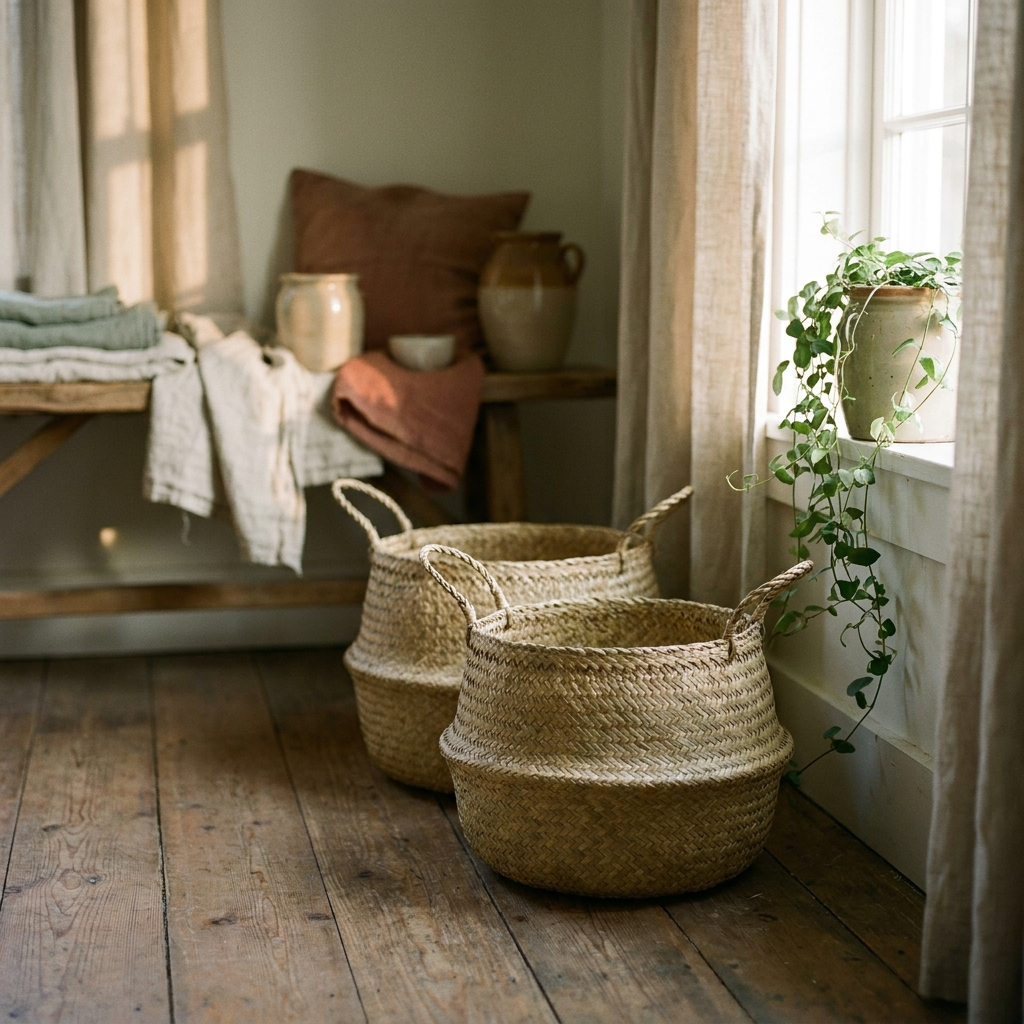 Pair of nested handwoven seagrass baskets beside a trailing potted plant — Blackbird Hollow