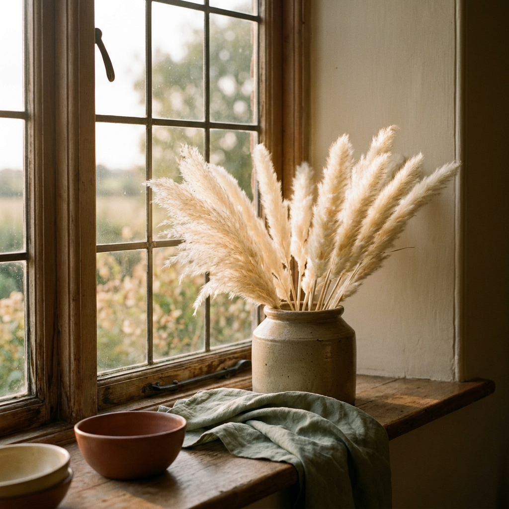 Short cream pampas plumes in a low stoneware vase on a windowsill — Blackbird Hollow