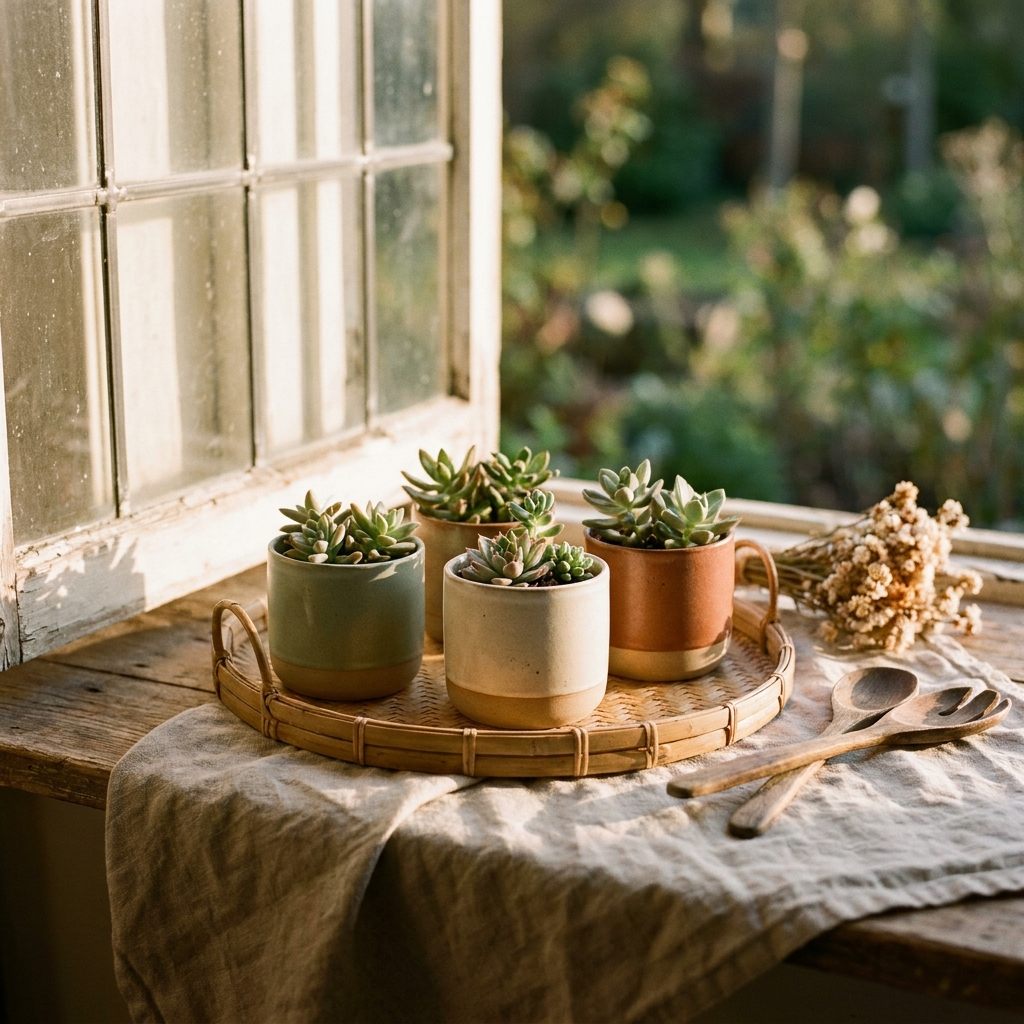 Three ceramic planters on a bamboo tray with succulents on a windowsill — Blackbird Hollow