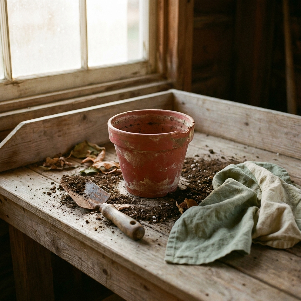 Weathered red terracotta flower pot on a potting bench beside a trowel — Blackbird Hollow