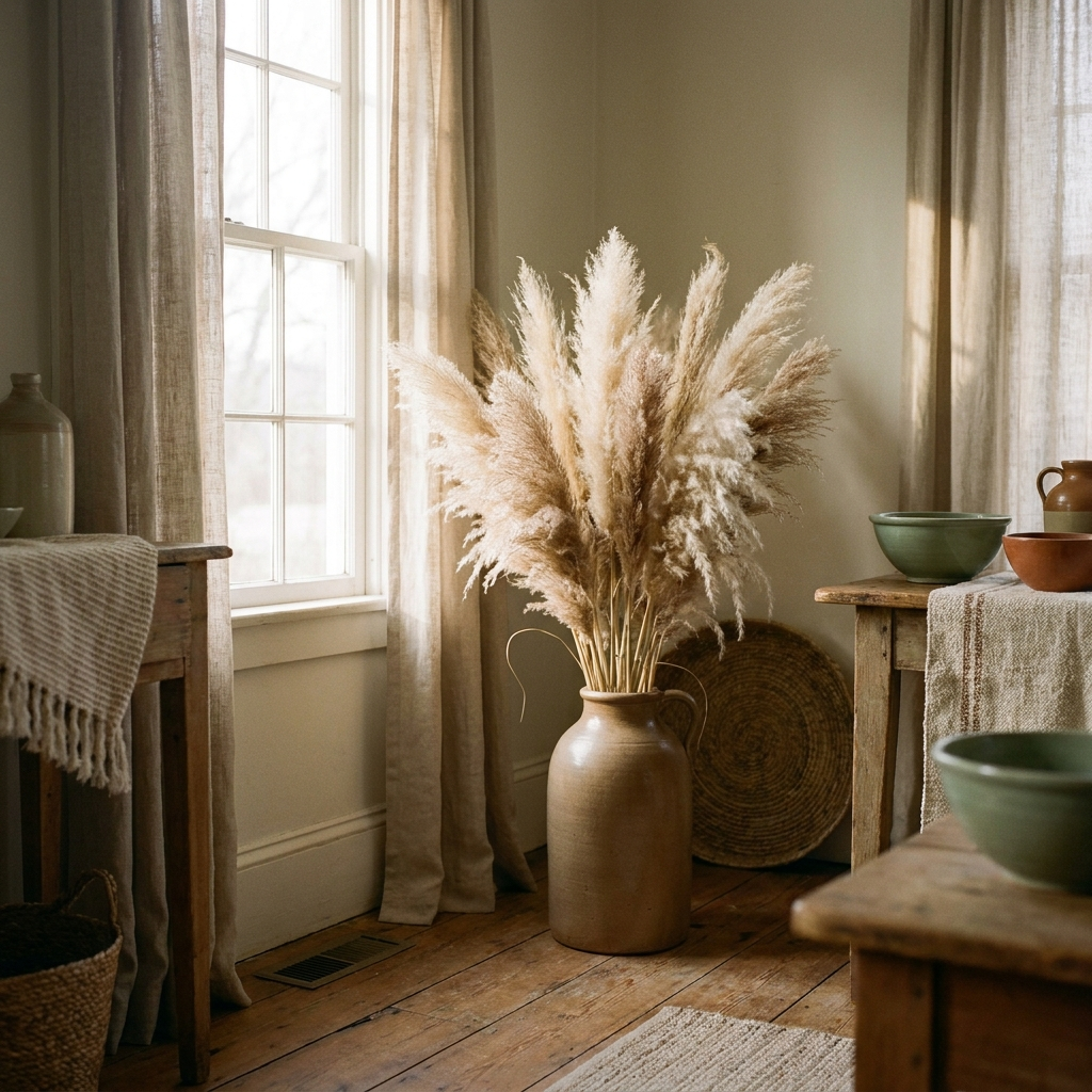Tall dried pampas grass plumes in a large stoneware floor vase in a sunlit corner — Blackbird Hollow