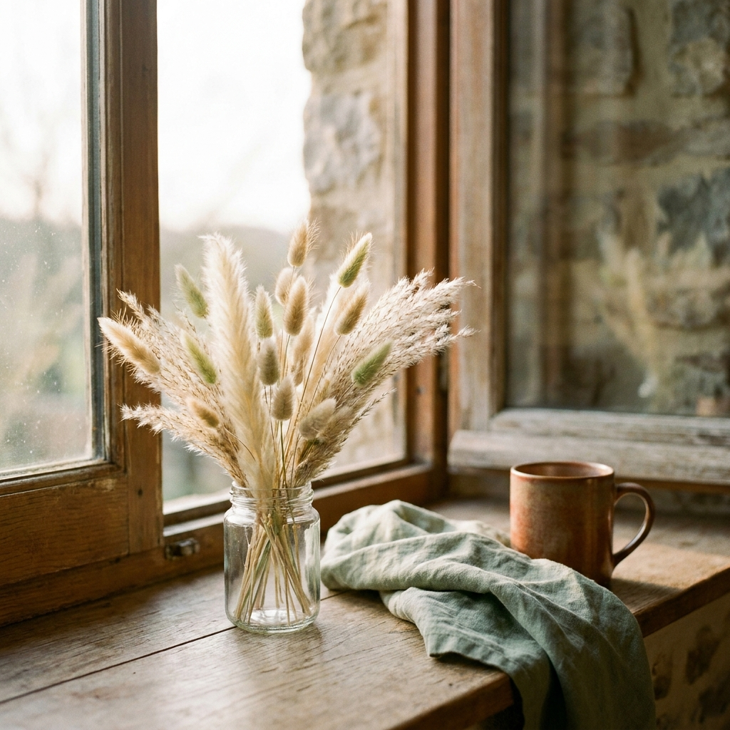 Small dried pampas and rabbit-tail grass bouquet in a glass jar on a windowsill — Blackbird Hollow