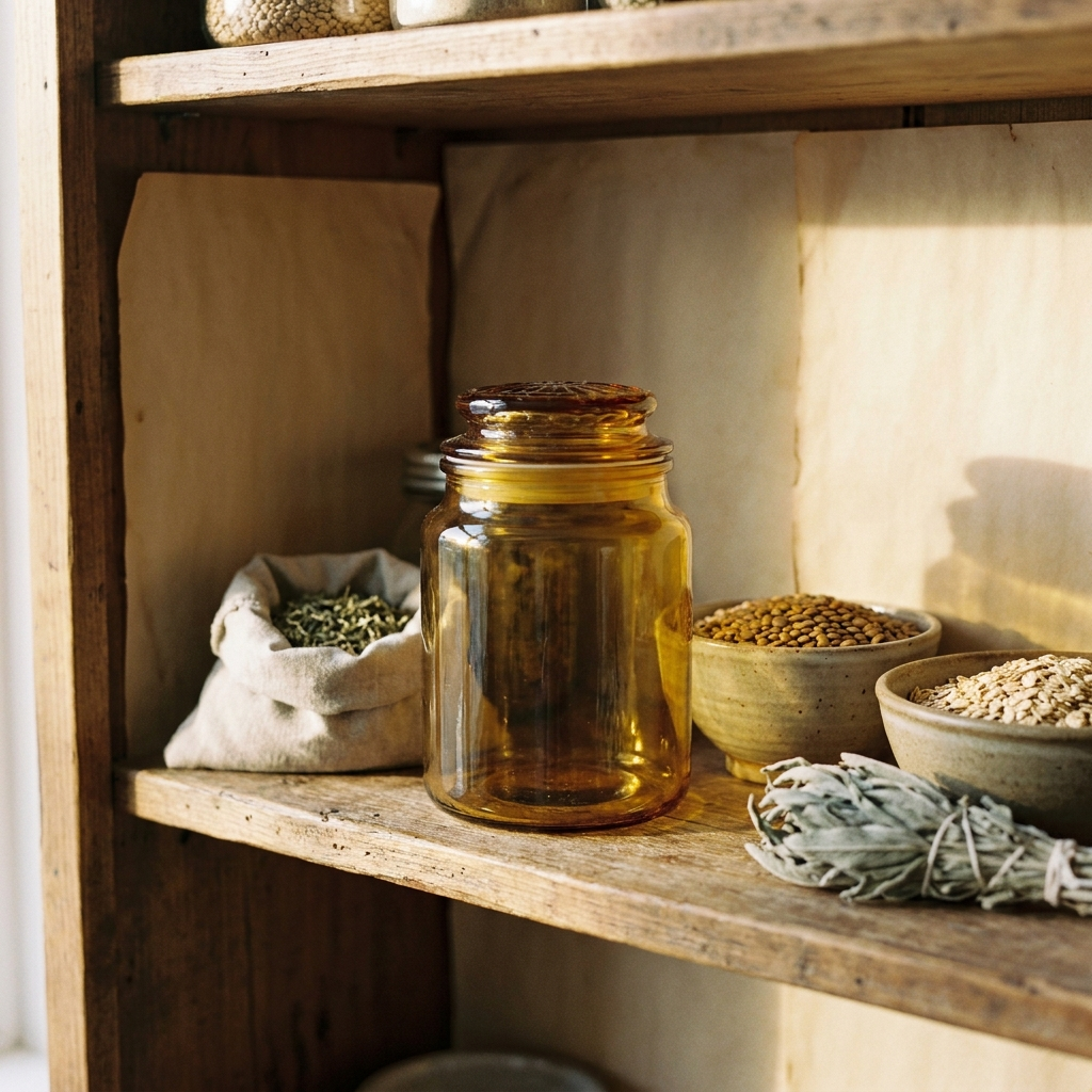 Amber embossed pressed-glass storage jar on a pantry shelf — Blackbird Hollow