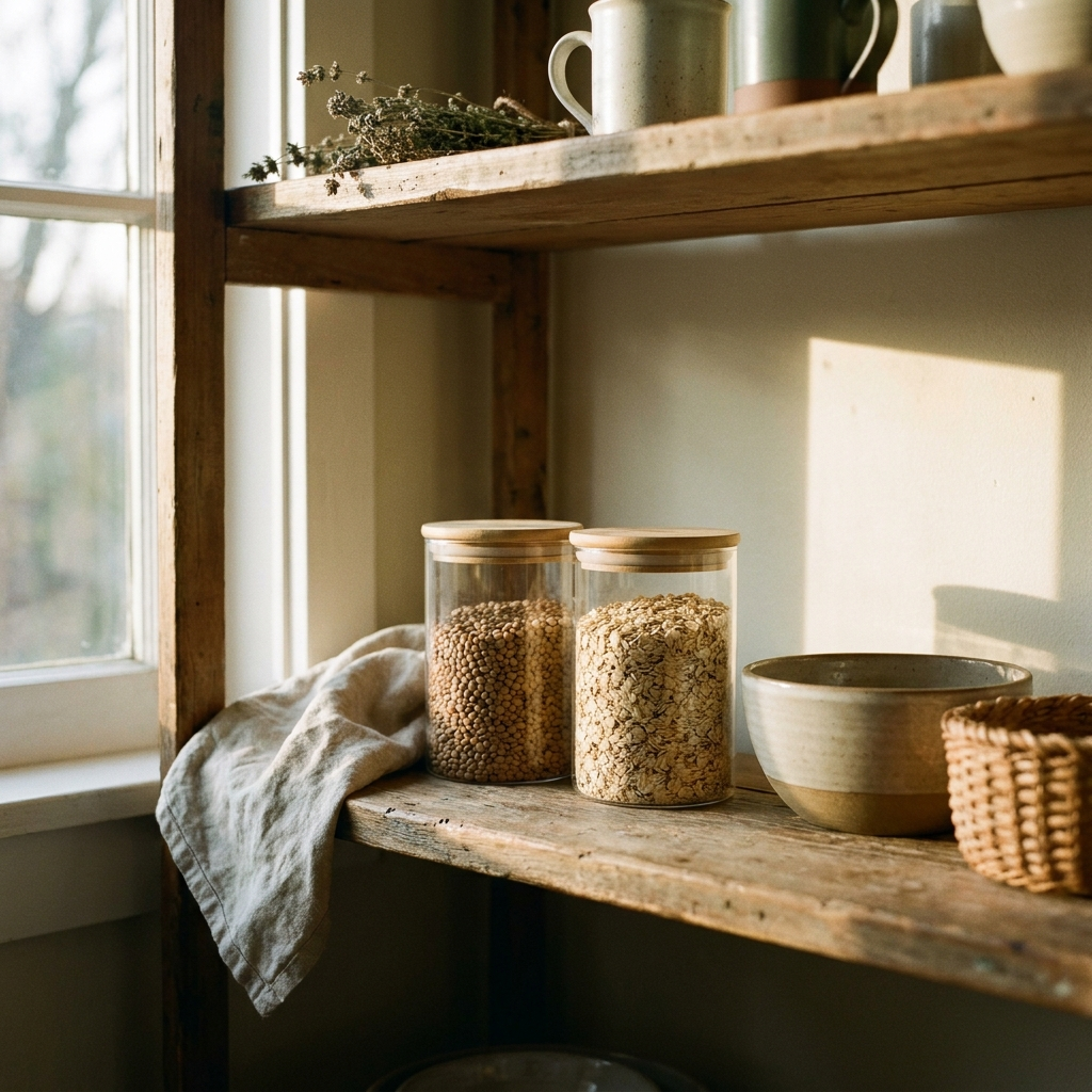Pair of clear glass storage jars with bamboo lids on a pantry shelf — Blackbird Hollow
