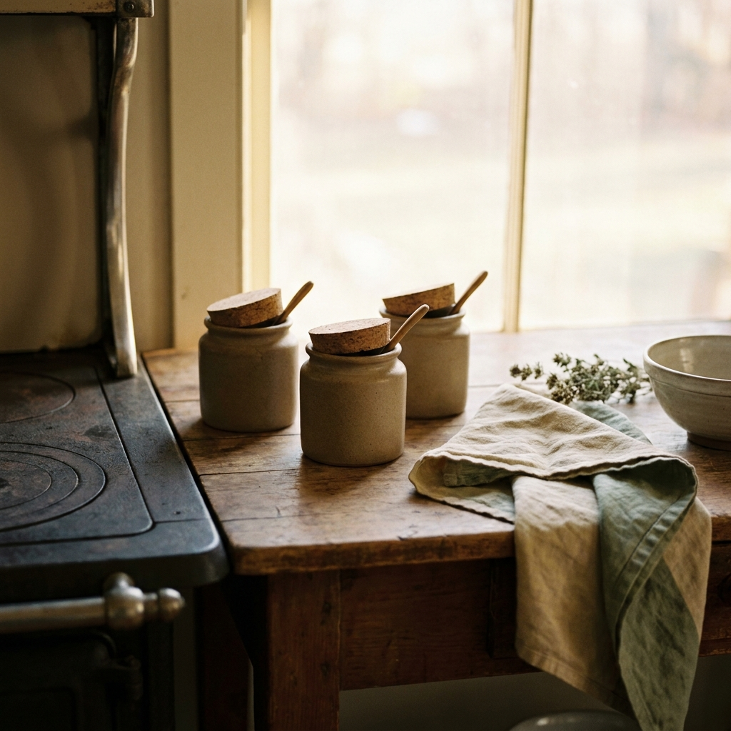 Plain stoneware spice jars with tiny wooden spoons on a wood counter — Blackbird Hollow
