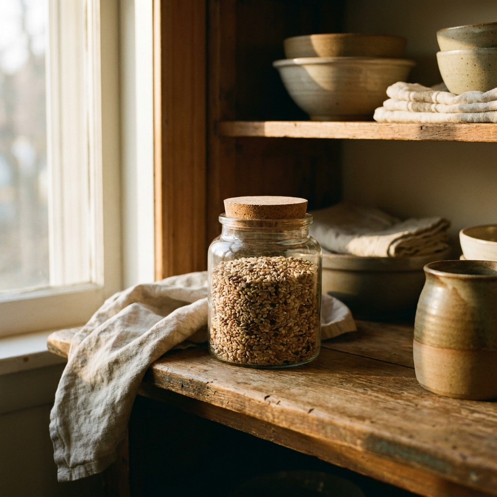 Clear glass jar with a cork lid holding dried grains on a pantry shelf — Blackbird Hollow