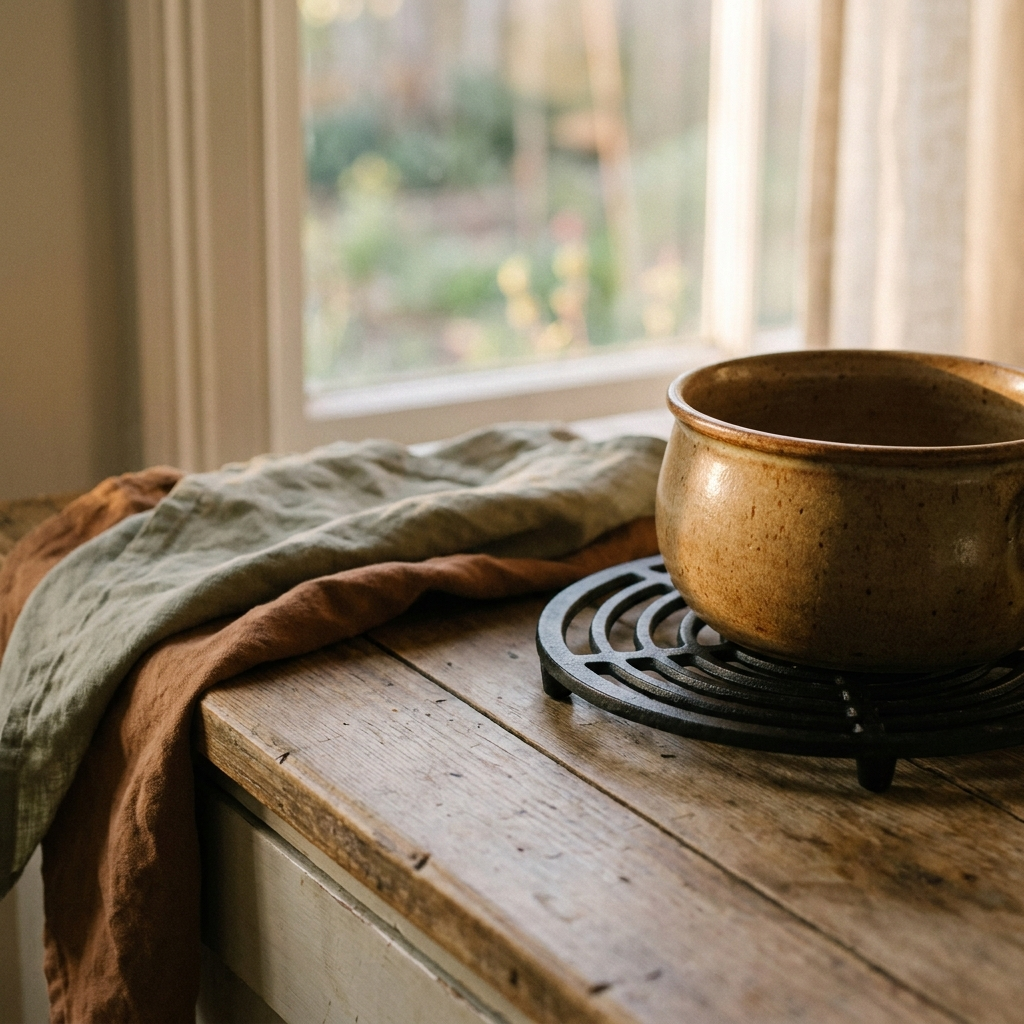 Round black cast-iron trivet beneath a stoneware pot on a plank counter — Blackbird Hollow