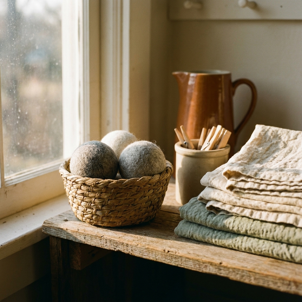 Three natural-gray wool dryer balls in a woven basket beside folded linens — Blackbird Hollow