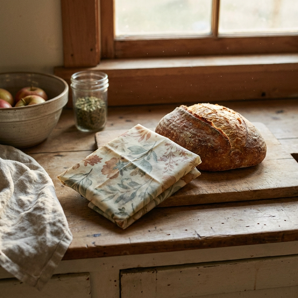 Botanical-print beeswax food wrap beside a fresh loaf of bread on a wooden board — Blackbird Hollow