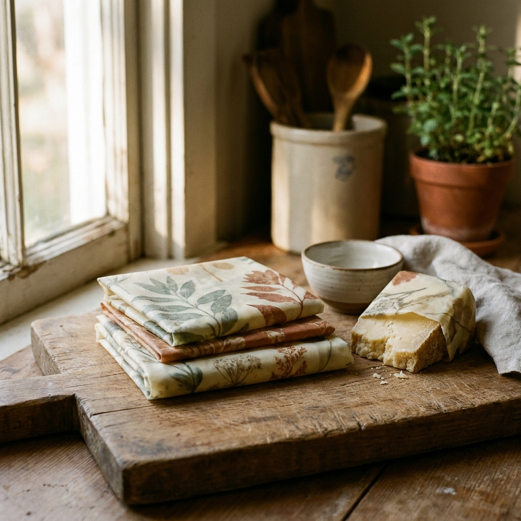 Organic-cotton beeswax wraps, one around a wedge of cheese, on a wood board — Blackbird Hollow