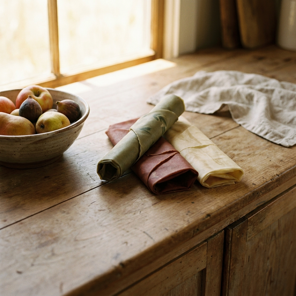 Three reusable beeswax food wraps rolled on a wood counter beside fruit — Blackbird Hollow
